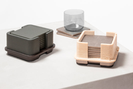 Giobagnara x Glenn Sestig Lloyd Coaster Holder with 6 Coasters | Materials: Leather and wood (dark-stained Canaletto walnut or wenge) or leather and travertine | Elegant, modern design combining premium materials | Home Decor and Serveware | 2Jour Concierge, your luxury lifestyle shop