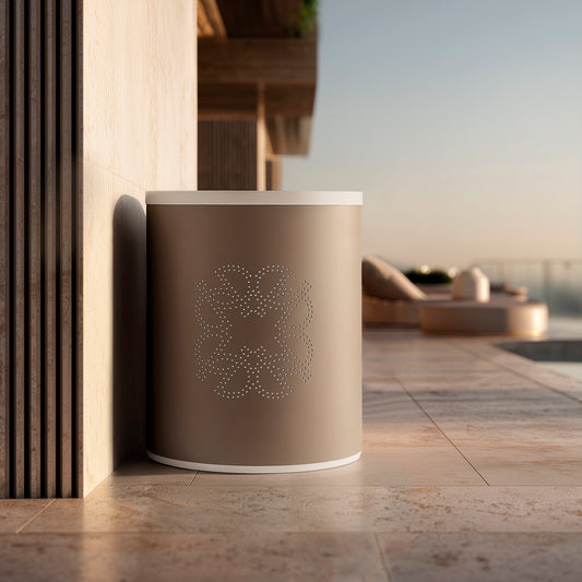 Giobagnara × Elie Saab Ecusson | Storage Basket Tall: Tecnocuoio® leather with perforated monogram motif, water- and UV-resistant | Storage / Storage Baskets & Boxes | 2Jour Concierge, your luxury lifestyle shop | luxury storage, designer organization, hospitality décor, boutique hotels, yacht décor, refined interiors, elegant living