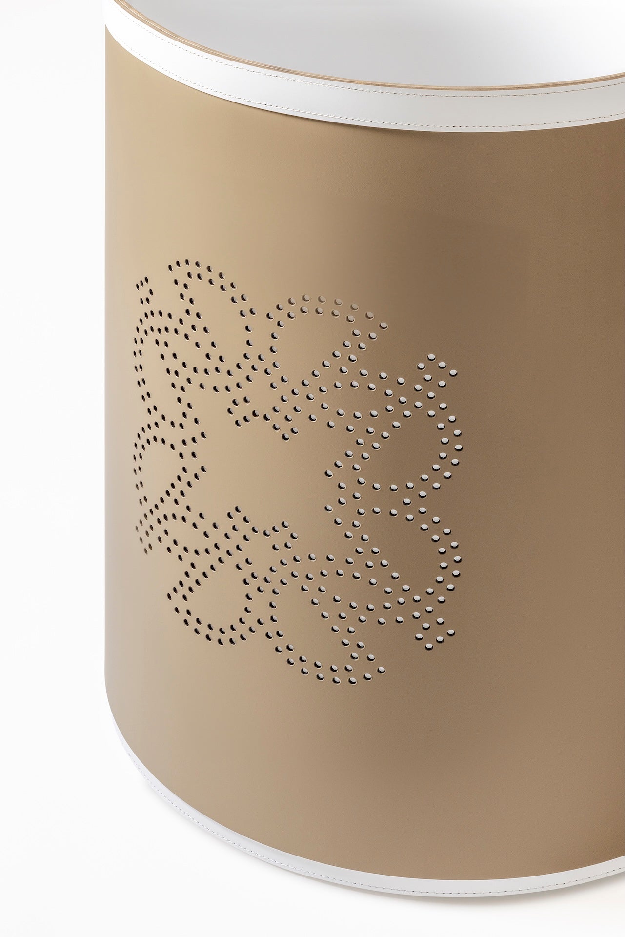 Giobagnara × Elie Saab Ecusson | Storage Basket Tall: Tecnocuoio® leather with perforated monogram motif, water- and UV-resistant | Storage / Storage Baskets & Boxes | 2Jour Concierge, your luxury lifestyle shop | luxury storage, designer organization, hospitality décor, boutique hotels, yacht décor, refined interiors, elegant living