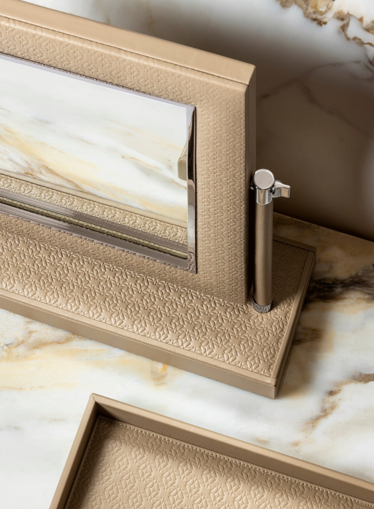 Giobagnara  ×  Elie Saab | Monogram Freestanding Mirror: Leather vanity mirror with padded Monogram frame, leather-wrapped stems, padded Monogram base, polished palladium | Jewels + Accessories | 2Jour Concierge, your luxury lifestyle shop | luxury vanity mirror, Giobagnara Elie Saab, Monogram leather mirror, Italian designer mirror