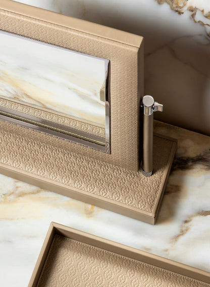 Giobagnara  ×  Elie Saab | Monogram Freestanding Mirror: Leather vanity mirror with padded Monogram frame, leather-wrapped stems, padded Monogram base, polished palladium | Jewels + Accessories | 2Jour Concierge, your luxury lifestyle shop | luxury vanity mirror, Giobagnara Elie Saab, Monogram leather mirror, Italian designer mirror