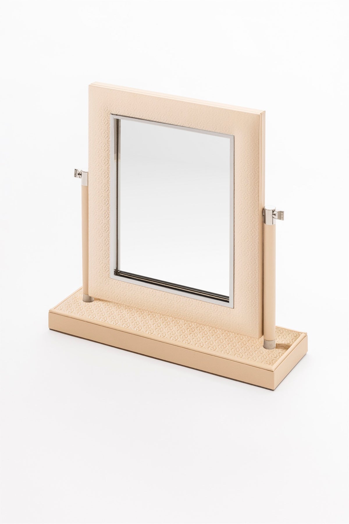 Giobagnara  ×  Elie Saab | Monogram Freestanding Mirror: Leather vanity mirror with padded Monogram frame, leather-wrapped stems, padded Monogram base, polished palladium | Jewels + Accessories | 2Jour Concierge, your luxury lifestyle shop | luxury vanity mirror, Giobagnara Elie Saab, Monogram leather mirror, Italian designer mirror