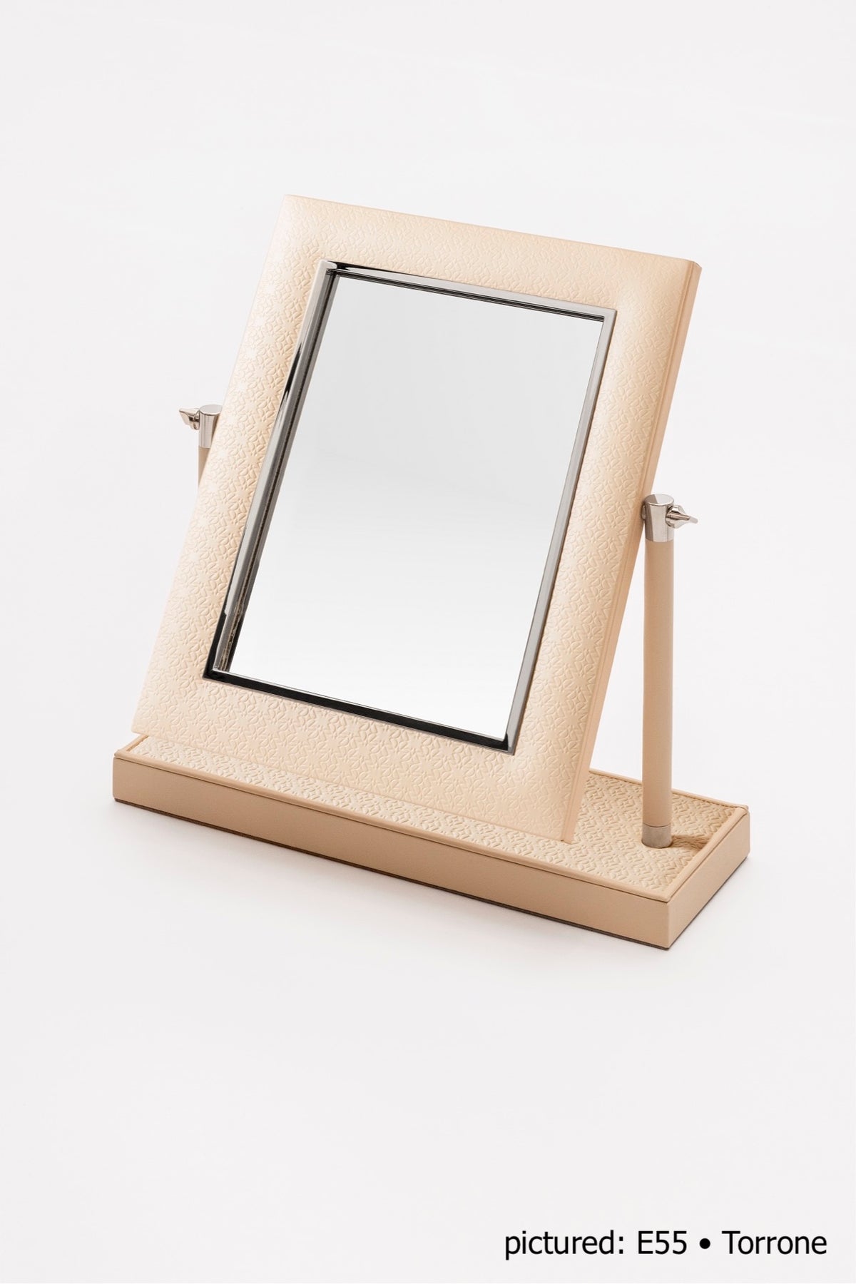 Giobagnara  ×  Elie Saab | Monogram Freestanding Mirror: Leather vanity mirror with padded Monogram frame, leather-wrapped stems, padded Monogram base, polished palladium | Jewels + Accessories | 2Jour Concierge, your luxury lifestyle shop | luxury vanity mirror, Giobagnara Elie Saab, Monogram leather mirror, Italian designer mirror