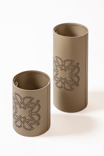 Giobagnara × Elie Saab Ecusson | Wastepaper Bin: Reinforced Tecnocuoio® leather with perforated monogram motif, palladium details, and removable acrylic inner container, available with or without lid | Office + Tech / Bins | 2Jour Concierge, your luxury lifestyle shop | luxury interiors, hospitality décor, elegant living, designer office accessories, boutique hotels, refined lifestyle, yacht décor, executive interiors