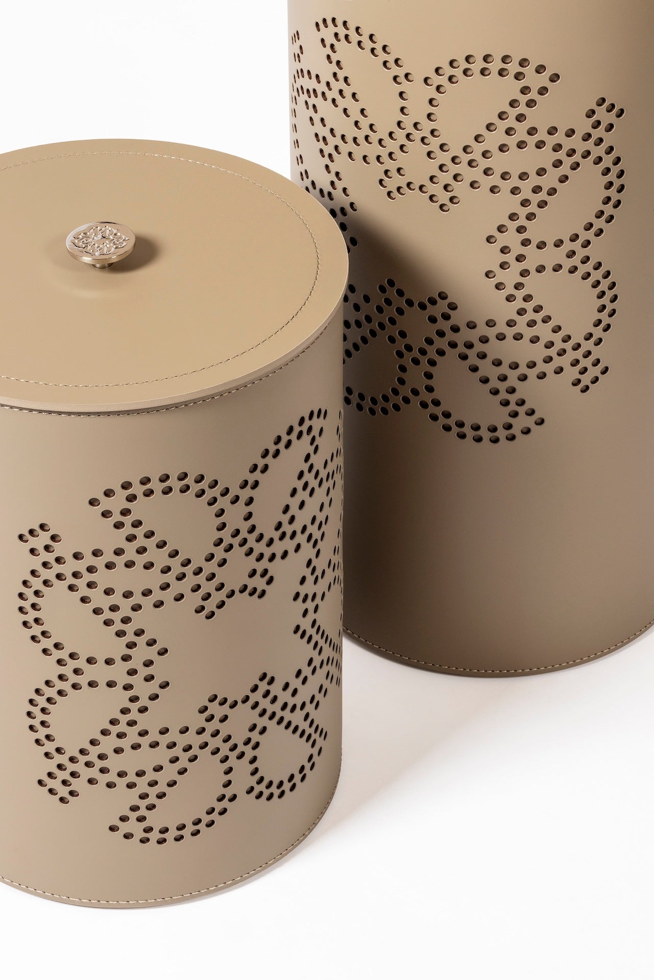 Giobagnara × Elie Saab Ecusson | Wastepaper Bin: Reinforced Tecnocuoio® leather with perforated monogram motif, palladium details, and removable acrylic inner container, available with or without lid | Office + Tech / Bins | 2Jour Concierge, your luxury lifestyle shop | luxury interiors, hospitality décor, elegant living, designer office accessories, boutique hotels, refined lifestyle, yacht décor, executive interiors