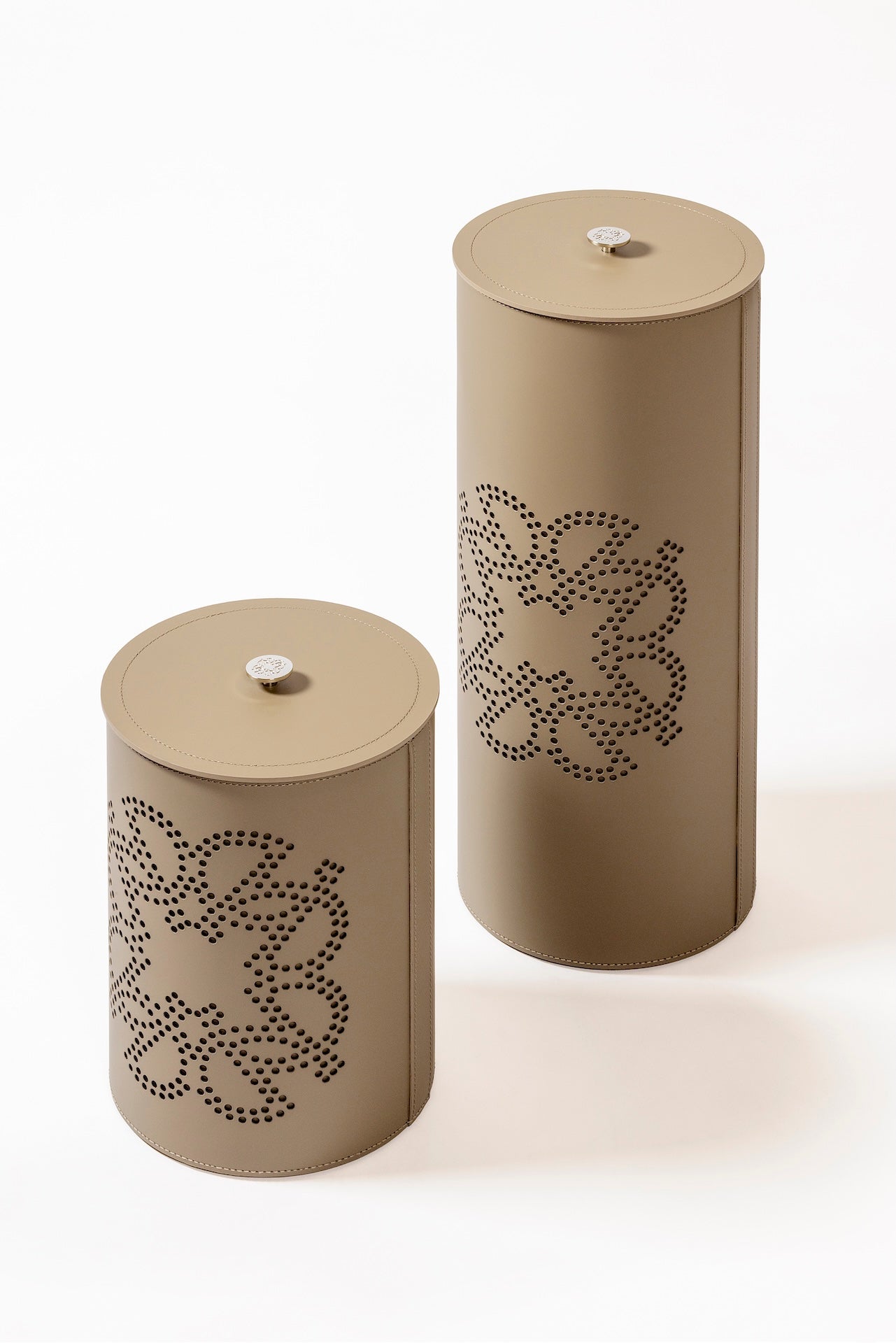 Giobagnara × Elie Saab Ecusson | Wastepaper Bin: Reinforced Tecnocuoio® leather with perforated monogram motif, palladium details, and removable acrylic inner container, available with or without lid | Office + Tech / Bins | 2Jour Concierge, your luxury lifestyle shop | luxury interiors, hospitality décor, elegant living, designer office accessories, boutique hotels, refined lifestyle, yacht décor, executive interiors