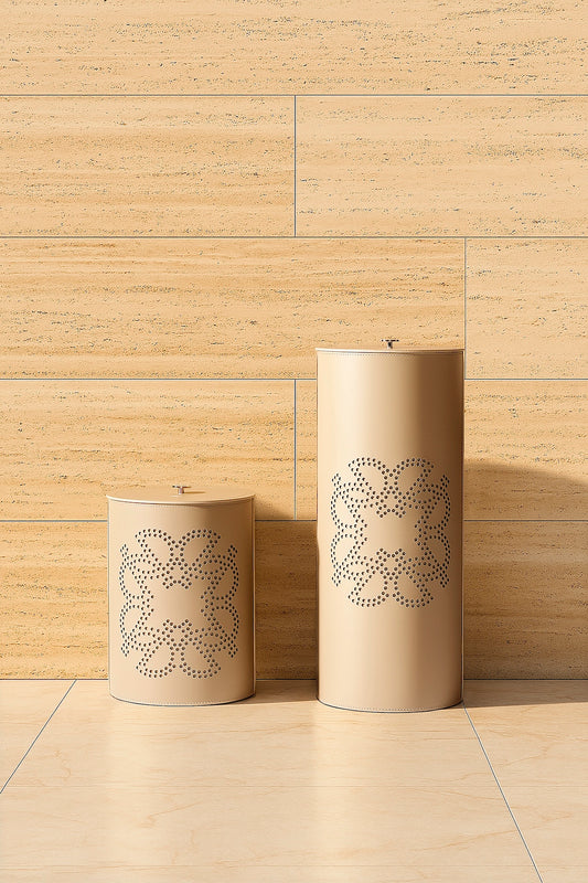 Giobagnara × Elie Saab Ecusson | Wastepaper Bin: Reinforced Tecnocuoio® leather with perforated monogram motif, palladium details, and removable acrylic inner container, available with or without lid | Office + Tech / Bins | 2Jour Concierge, your luxury lifestyle shop | luxury interiors, hospitality décor, elegant living, designer office accessories, boutique hotels, refined lifestyle, yacht décor, executive interiors