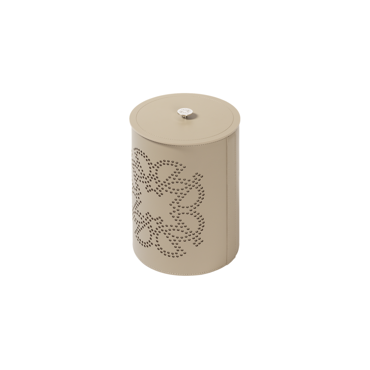Giobagnara × Elie Saab Ecusson | Wastepaper Bin: Reinforced Tecnocuoio® leather with perforated monogram motif, palladium details, and removable acrylic inner container, available with or without lid | Office + Tech / Bins | 2Jour Concierge, your luxury lifestyle shop | luxury interiors, hospitality décor, elegant living, designer office accessories, boutique hotels, refined lifestyle, yacht décor, executive interiors