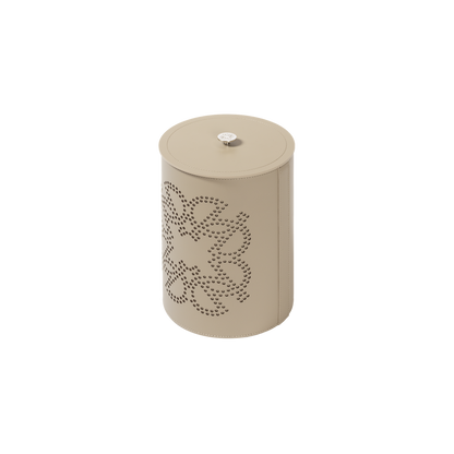 Giobagnara × Elie Saab Ecusson | Wastepaper Bin: Reinforced Tecnocuoio® leather with perforated monogram motif, palladium details, and removable acrylic inner container, available with or without lid | Office + Tech / Bins | 2Jour Concierge, your luxury lifestyle shop | luxury interiors, hospitality décor, elegant living, designer office accessories, boutique hotels, refined lifestyle, yacht décor, executive interiors