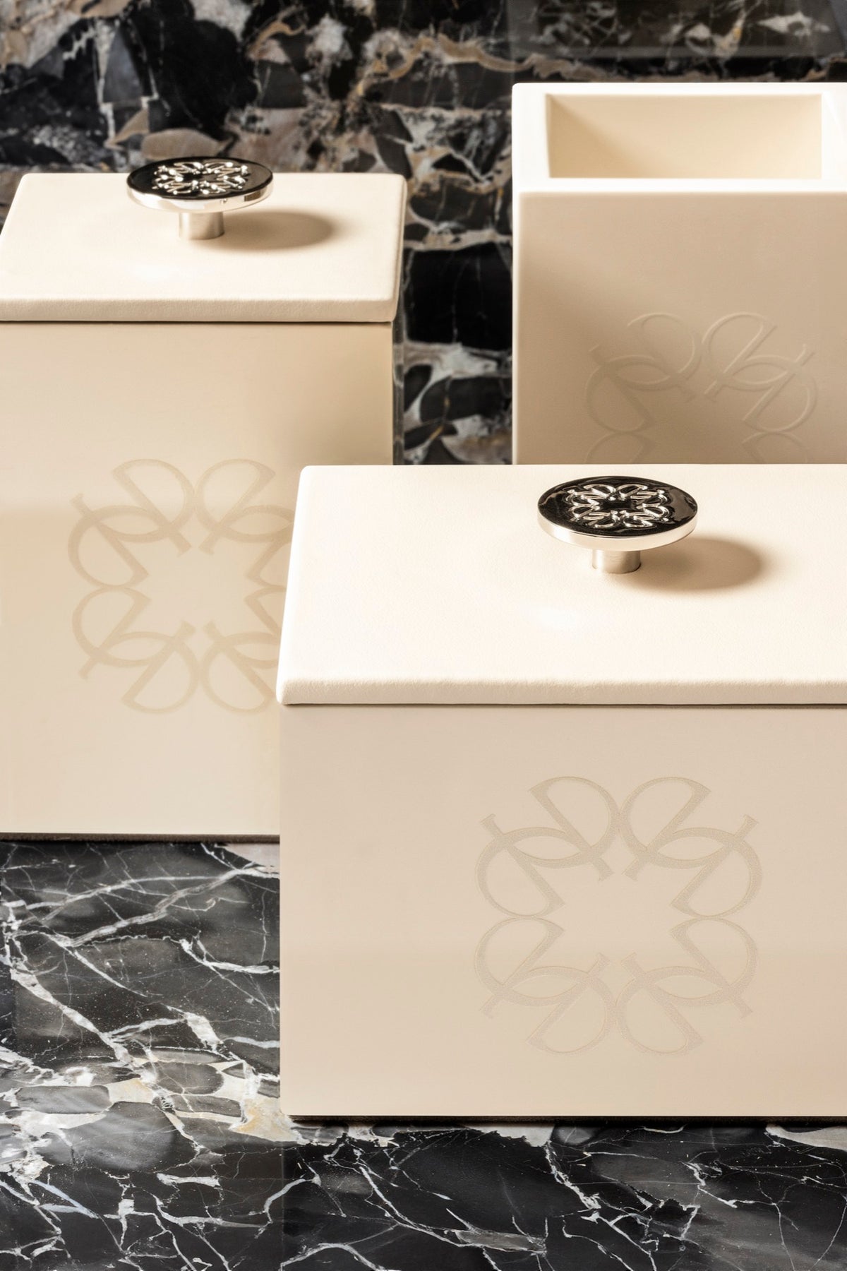 Giobagnara  ×  Elie Saab | Lacquer Ecusson Trinket Box: Leather box with padded Monogram lining and carved acrylic lid — rectangular low, square high, container | Decor | 2Jour Concierge, your luxury lifestyle shop | luxury trinket box, Giobagnara Elie Saab, Monogram leather box, designer jewellery box