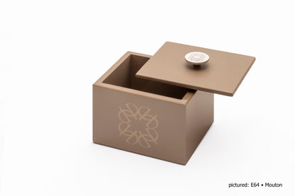 Giobagnara  ×  Elie Saab | Lacquer Ecusson Trinket Box: Leather box with padded Monogram lining and carved acrylic lid — rectangular low, square high, container | Decor | 2Jour Concierge, your luxury lifestyle shop | luxury trinket box, Giobagnara Elie Saab, Monogram leather box, designer jewellery box