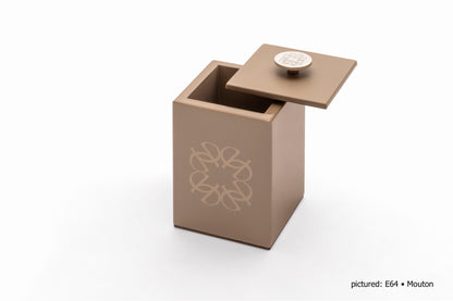 Giobagnara  ×  Elie Saab | Lacquer Ecusson Trinket Box: Leather box with padded Monogram lining and carved acrylic lid — rectangular low, square high, container | Decor | 2Jour Concierge, your luxury lifestyle shop | luxury trinket box, Giobagnara Elie Saab, Monogram leather box, designer jewellery box