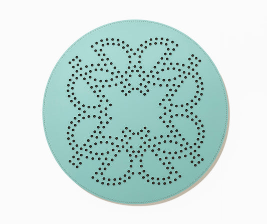 Giobagnara × Elie Saab Ecusson | Placemat: Reinforced Tecnocuoio® leather with perforated monogram motif, water- and UV-resistant | Serveware + Hospitality / Placemats & Underplates | 2Jour Concierge, your luxury lifestyle shop | designer tableware, luxury dining, hospitality décor, refined entertaining, boutique hotels, yacht décor, elegant interiors