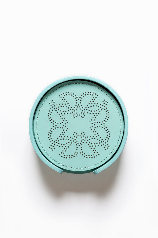 Giobagnara × Elie Saab Ecusson Coaster Holder | Leather coaster holder with matching set of perforated Monogram coasters, water-resistant and UV-protected | Serveware + Hospitality / Coasters | 2Jour Concierge, your luxury lifestyle shop | luxury entertaining, hospitality décor, designer home accessories, boutique hotels, yacht decor, refined lifestyle, table accents
