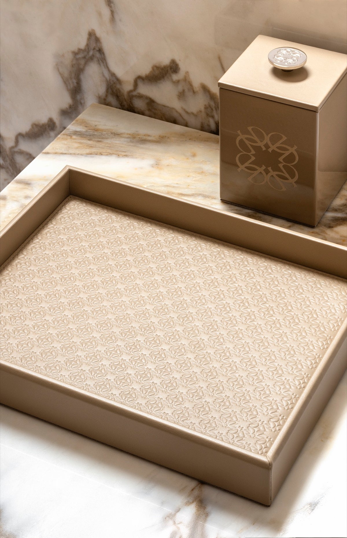 Giobagnara  ×  Elie Saab | Lacquer Ecusson Trinket Box: Leather box with padded Monogram lining and carved acrylic lid — rectangular low, square high, container | Decor | 2Jour Concierge, your luxury lifestyle shop | luxury trinket box, Giobagnara Elie Saab, Monogram leather box, designer jewellery box