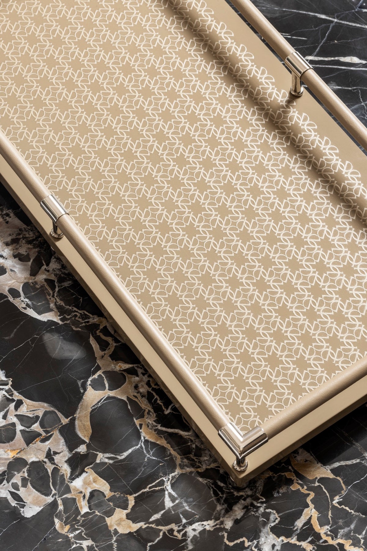 Giobagnara  ×  Elie Saab | Lacquer Monogram Tray: Lacquered wood base with carved Elie Saab Monogram, leather-wrapped railing, polished palladium details | Serveware | 2Jour Concierge, your luxury lifestyle shop | luxury designer tray, Giobagnara Elie Saab, Monogram lacquer tray, Italian leather tray