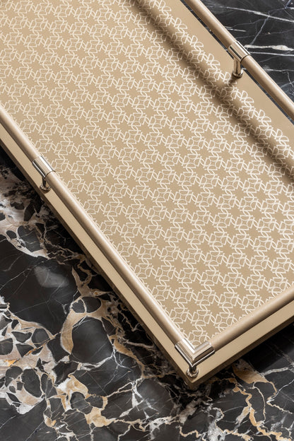 Giobagnara  ×  Elie Saab | Lacquer Monogram Tray: Lacquered wood base with carved Elie Saab Monogram, leather-wrapped railing, polished palladium details | Serveware | 2Jour Concierge, your luxury lifestyle shop | luxury designer tray, Giobagnara Elie Saab, Monogram lacquer tray, Italian leather tray