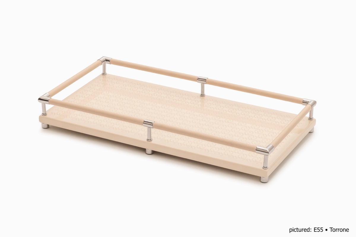 Giobagnara  ×  Elie Saab | Lacquer Monogram Tray: Lacquered wood base with carved Elie Saab Monogram, leather-wrapped railing, polished palladium details | Serveware | 2Jour Concierge, your luxury lifestyle shop | luxury designer tray, Giobagnara Elie Saab, Monogram lacquer tray, Italian leather tray