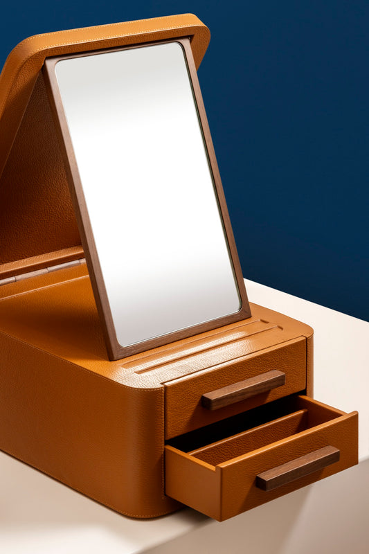 Giobagnara | Glasses Box Pelle Frau®: Leather-covered box with mirror and drawers for eyewear storage | Accessories Storage | 2Jour Concierge | luxury glasses organisers