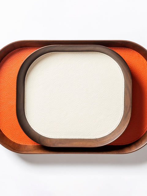 Giobagnara | Valet Tray Pelle Frau®: Walnut wood tray with leather inlay in multiple shapes and sizes | Decor / Valet Trays | 2Jour Concierge, your luxury lifestyle shop | premium leather and wood accessories for refined interiors