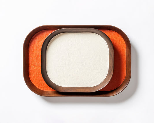Giobagnara | Valet Tray Pelle Frau®: Walnut wood tray with leather inlay in multiple shapes and sizes | Decor / Valet Trays | 2Jour Concierge, your luxury lifestyle shop | premium leather and wood accessories for refined interiors