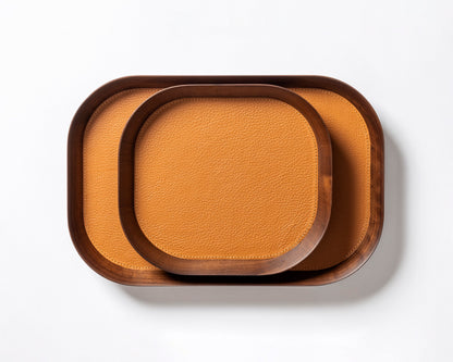 Giobagnara | Valet Tray Pelle Frau®: Walnut wood tray with leather inlay in multiple shapes and sizes | Decor / Valet Trays | 2Jour Concierge, your luxury lifestyle shop | premium leather and wood accessories for refined interiors
