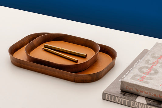 Giobagnara | Valet Tray Pelle Frau®: Walnut wood tray with leather inlay in multiple shapes and sizes | Decor / Valet Trays | 2Jour Concierge, your luxury lifestyle shop | premium leather and wood accessories for refined interiors