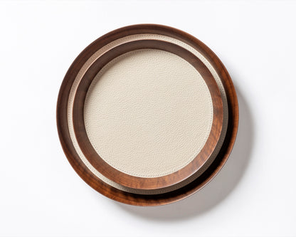 Giobagnara | Valet Tray Pelle Frau®: Walnut wood tray with leather inlay in multiple shapes and sizes | Decor / Valet Trays | 2Jour Concierge, your luxury lifestyle shop | premium leather and wood accessories for refined interiors
