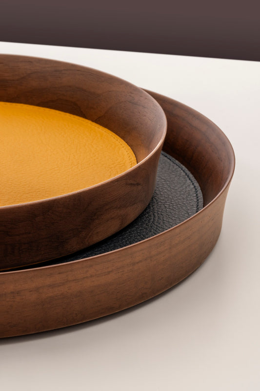 Giobagnara | Valet Tray Pelle Frau®: Walnut wood tray with leather inlay in multiple shapes and sizes | Decor / Valet Trays | 2Jour Concierge, your luxury lifestyle shop | premium leather and wood accessories for refined interiors