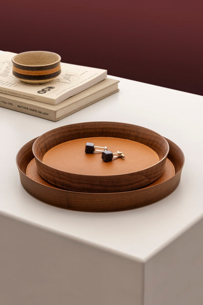 Giobagnara | Valet Tray Pelle Frau®: Walnut wood tray with leather inlay in multiple shapes and sizes | Decor / Valet Trays | 2Jour Concierge, your luxury lifestyle shop | premium leather and wood accessories for refined interiors