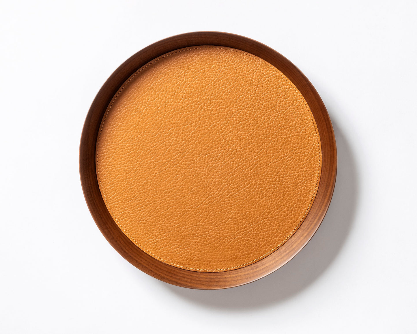x Poltrona Frau Walnut Wood Valet Tray, Round with Pelle Frau® Leather Inlay