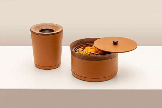 Giobagnara | Divided Serving Box Pelle Frau®: Leather-covered container with glass insert and divider | Tabletop & Condiment Accessories | 2Jour Concierge | luxury serving containers and accessories
