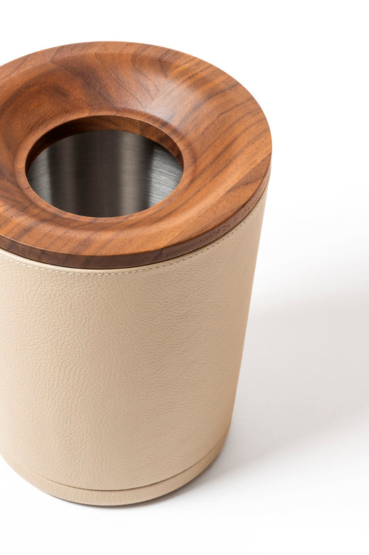 Giobagnara | Table Waste Bin Pelle Frau®: Leather-covered walnut bin with steel insert | Tabletop & Condiment Accessories | 2Jour Concierge | luxury tabletop accessories and waste solutions