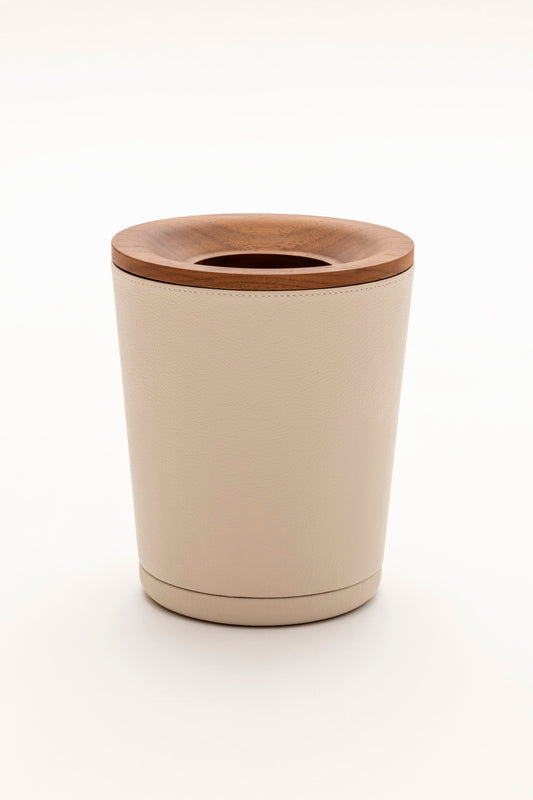 Giobagnara | Table Waste Bin Pelle Frau®: Leather-covered walnut bin with steel insert | Tabletop & Condiment Accessories | 2Jour Concierge | luxury tabletop accessories and waste solutions
