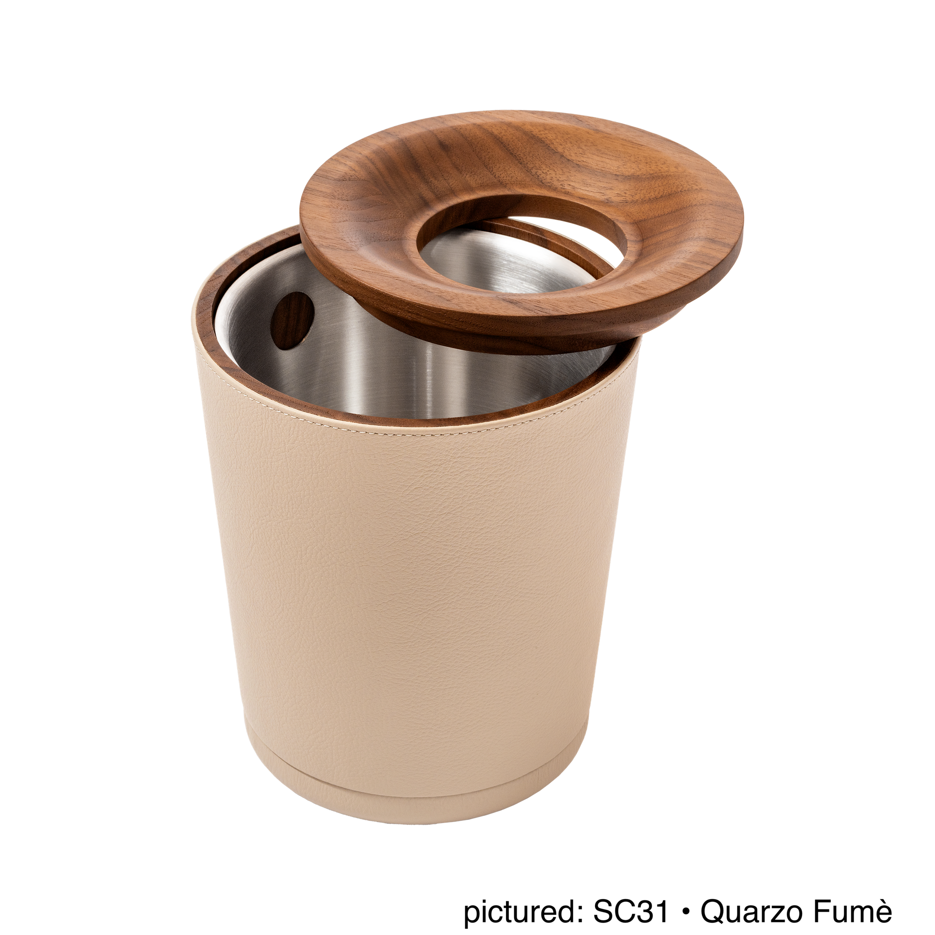 Giobagnara | Table Waste Bin Pelle Frau®: Leather-covered walnut bin with steel insert | Tabletop & Condiment Accessories | 2Jour Concierge | luxury tabletop accessories and waste solutions