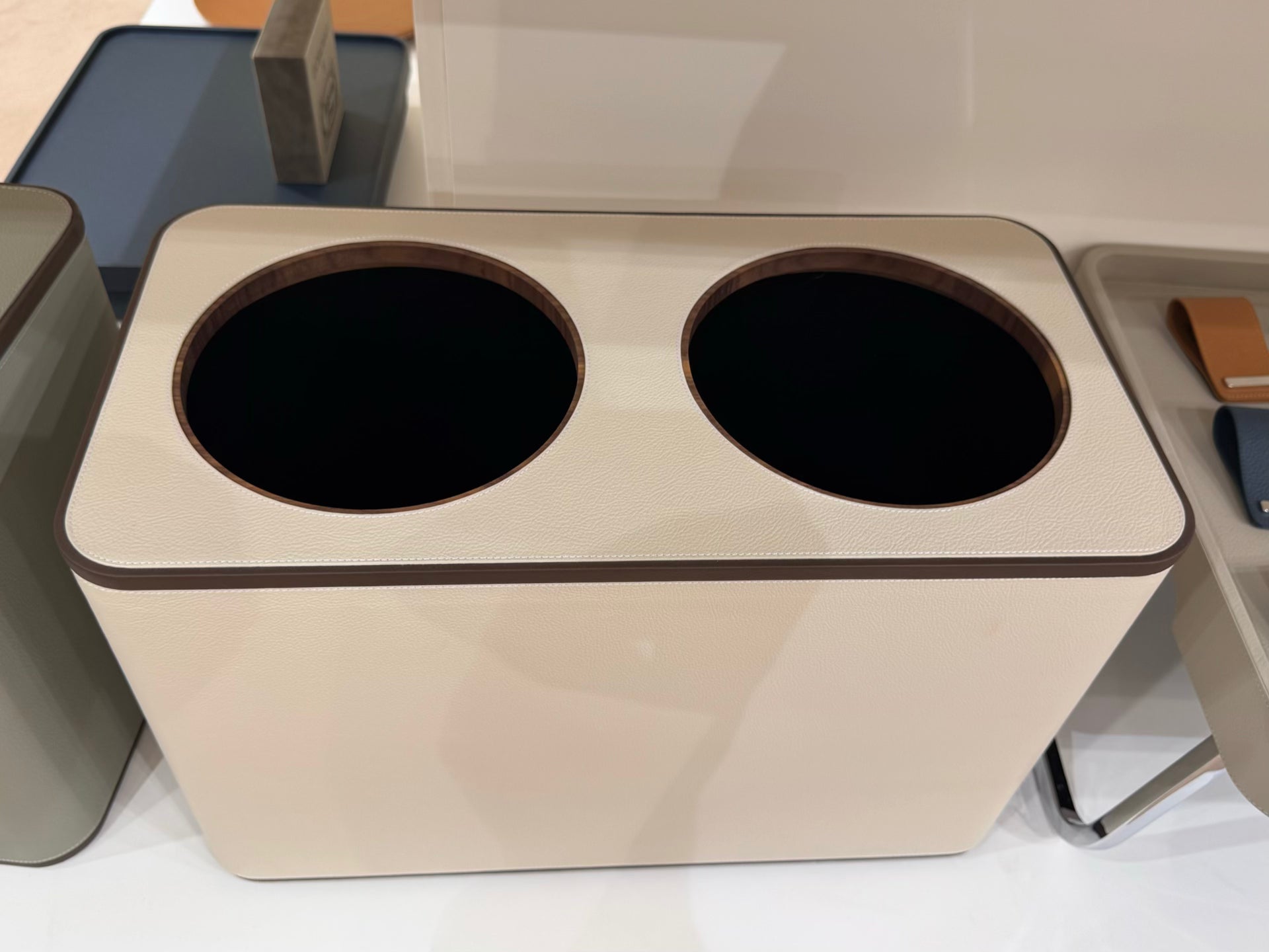 Giobagnara | Double Sorting Bin Pelle Frau®: Leather-covered bin with dual compartments and metal inserts | Desk Sets & Organizers | 2Jour Concierge | luxury office accessories