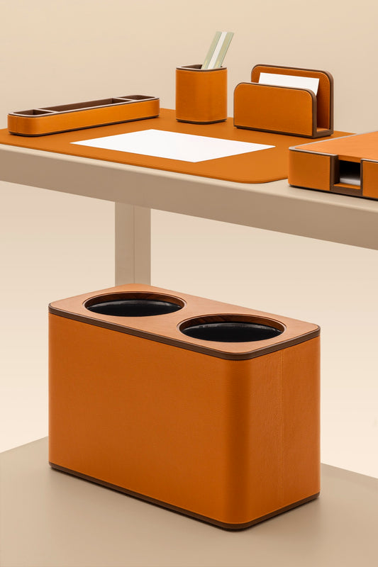 Giobagnara | Double Sorting Bin Pelle Frau®: Leather-covered bin with dual compartments and metal inserts | Desk Sets & Organizers | 2Jour Concierge | luxury office accessories