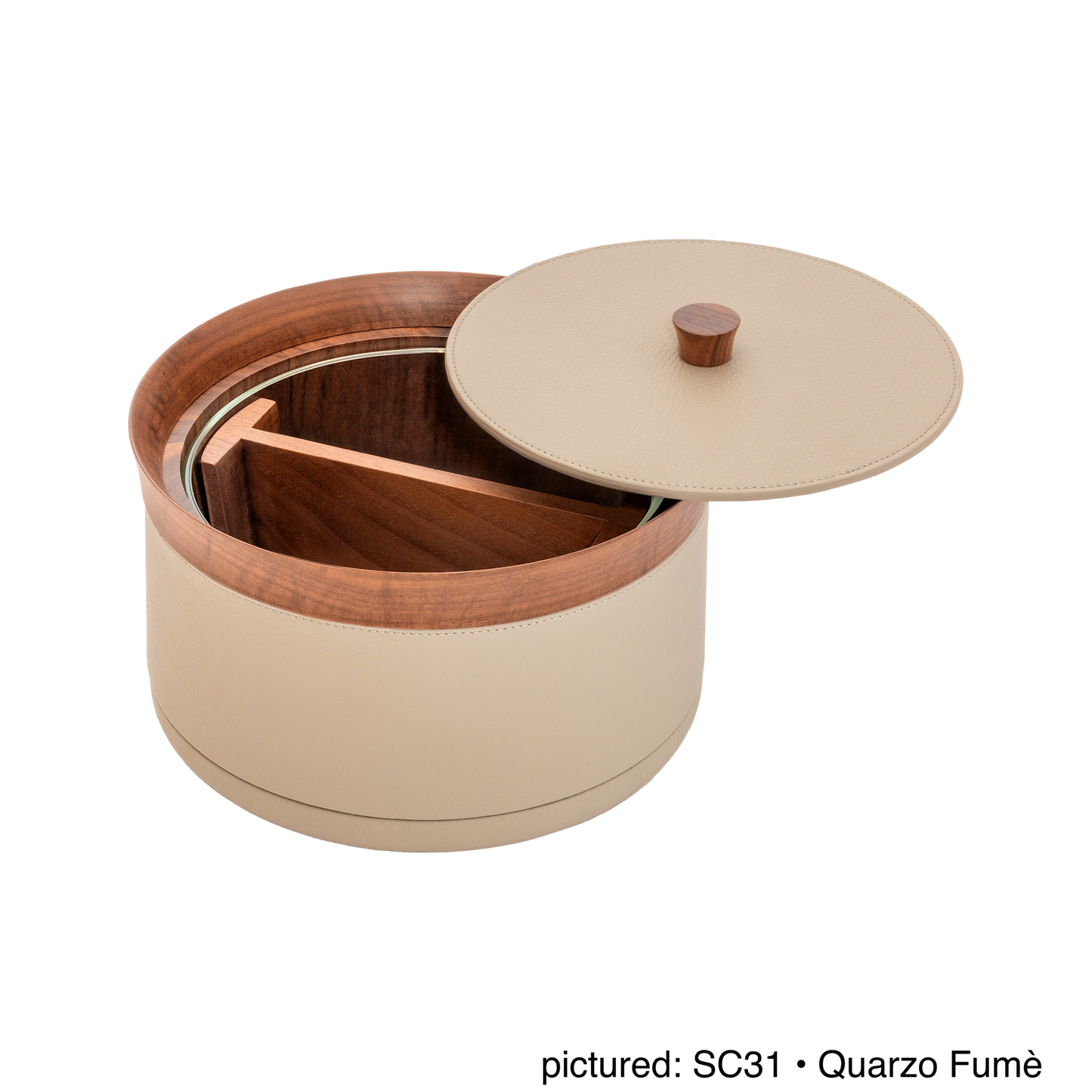 Giobagnara | Divided Serving Box Pelle Frau®: Leather-covered container with glass insert and divider | Tabletop & Condiment Accessories | 2Jour Concierge | luxury serving containers and accessories