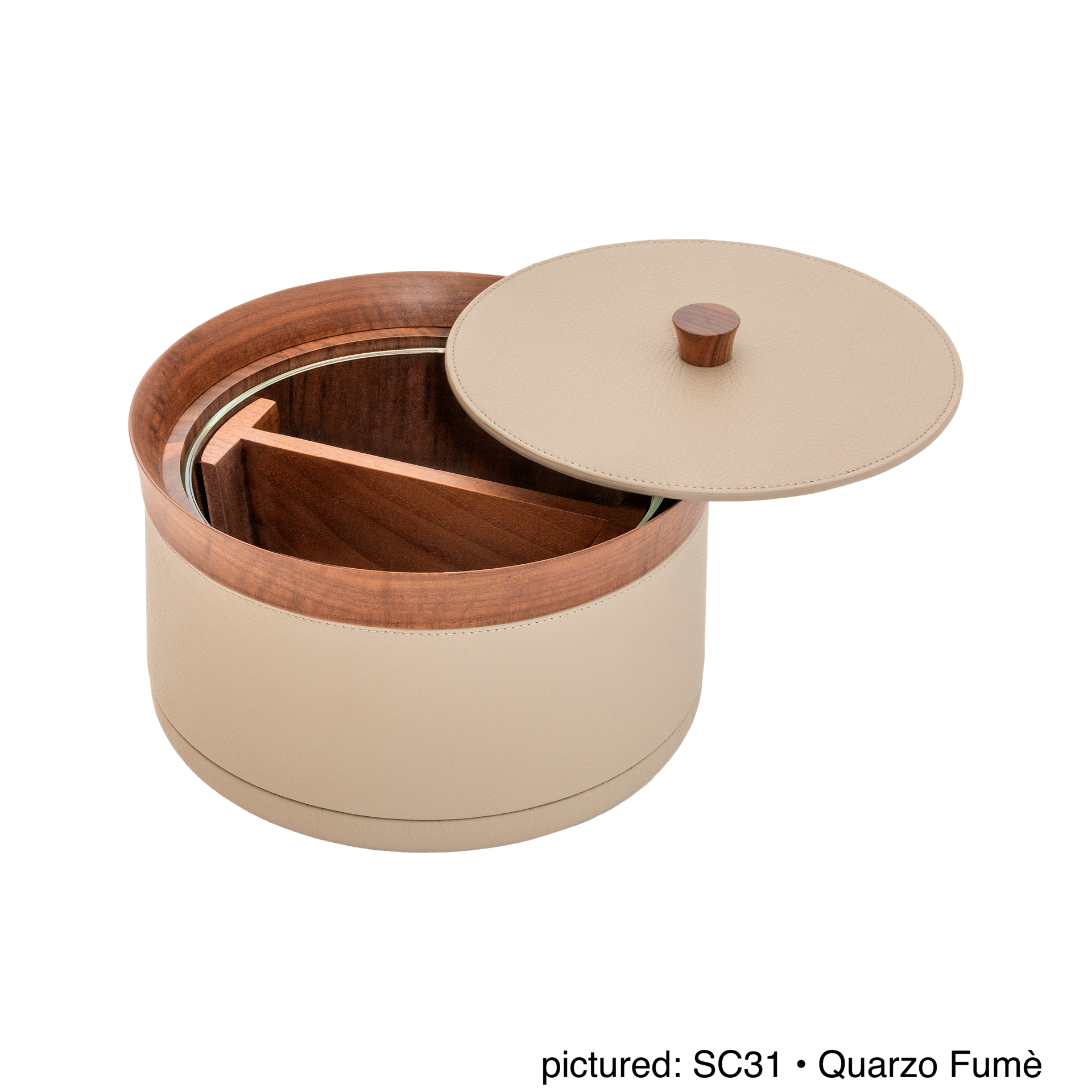 Giobagnara | Divided Serving Box Pelle Frau®: Leather-covered container with glass insert and divider | Tabletop & Condiment Accessories | 2Jour Concierge | luxury serving containers and accessories