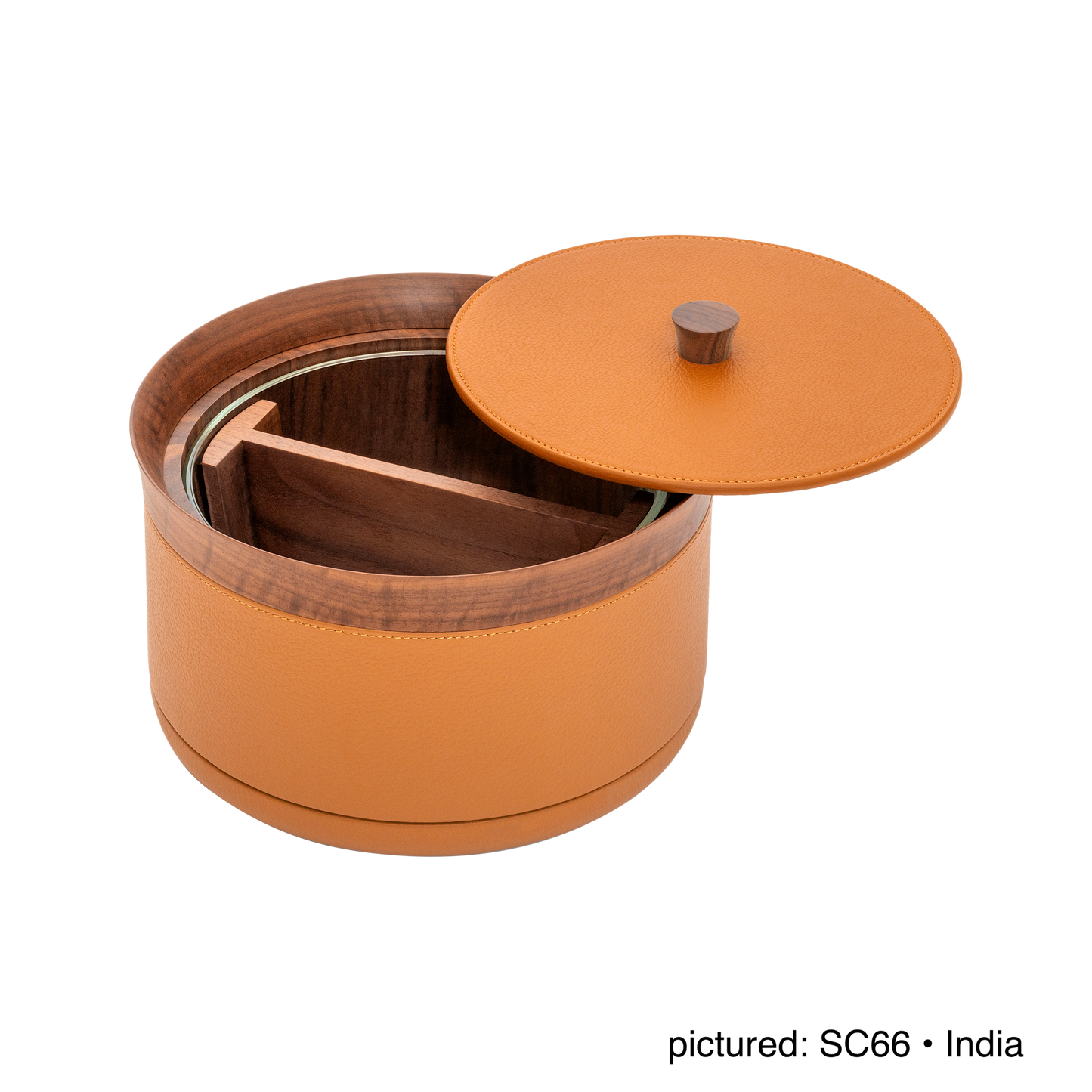 Giobagnara | Divided Serving Box Pelle Frau®: Leather-covered container with glass insert and divider | Tabletop & Condiment Accessories | 2Jour Concierge | luxury serving containers and accessories