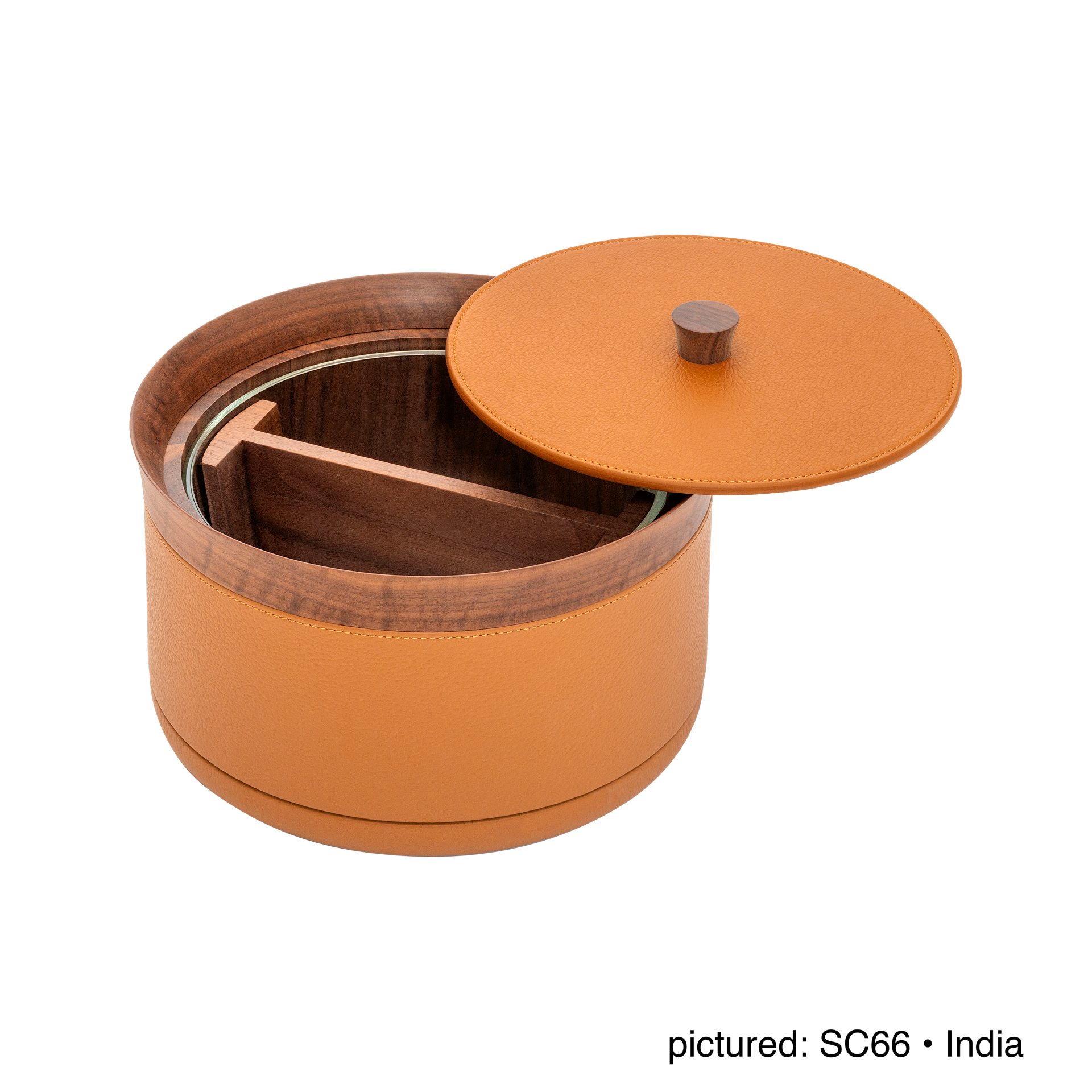 Giobagnara | Divided Serving Box Pelle Frau®: Leather-covered container with glass insert and divider | Tabletop & Condiment Accessories | 2Jour Concierge | luxury serving containers and accessories