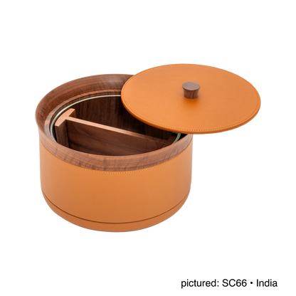 Giobagnara | Divided Serving Box Pelle Frau®: Leather-covered container with glass insert and divider | Tabletop & Condiment Accessories | 2Jour Concierge | luxury serving containers and accessories