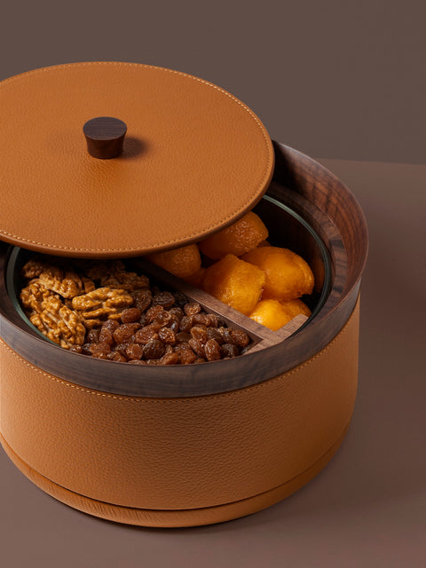 Giobagnara | Divided Serving Box Pelle Frau®: Leather-covered container with glass insert and divider | Tabletop & Condiment Accessories | 2Jour Concierge | luxury serving containers and accessories