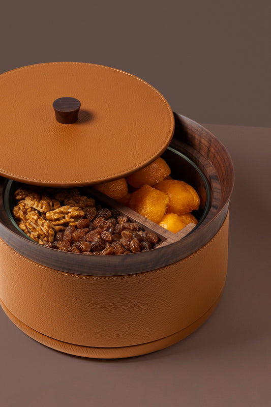 Giobagnara | Divided Serving Box Pelle Frau®: Leather-covered container with glass insert and divider | Tabletop & Condiment Accessories | 2Jour Concierge | luxury serving containers and accessories