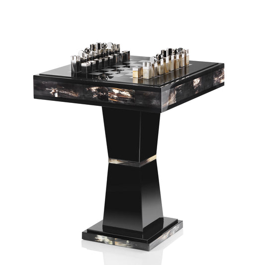 Alfio Chess Table by Arcahorn | Chessboard table in dark horn and wood | Lacquered black gloss finish | Top in tempered smoked glass with silkscreened silver chessboard | Chessmen crafted from horn and palladium plated brass | Furniture and Chess Tables | 2Jour Concierge, your luxury lifestyle shop