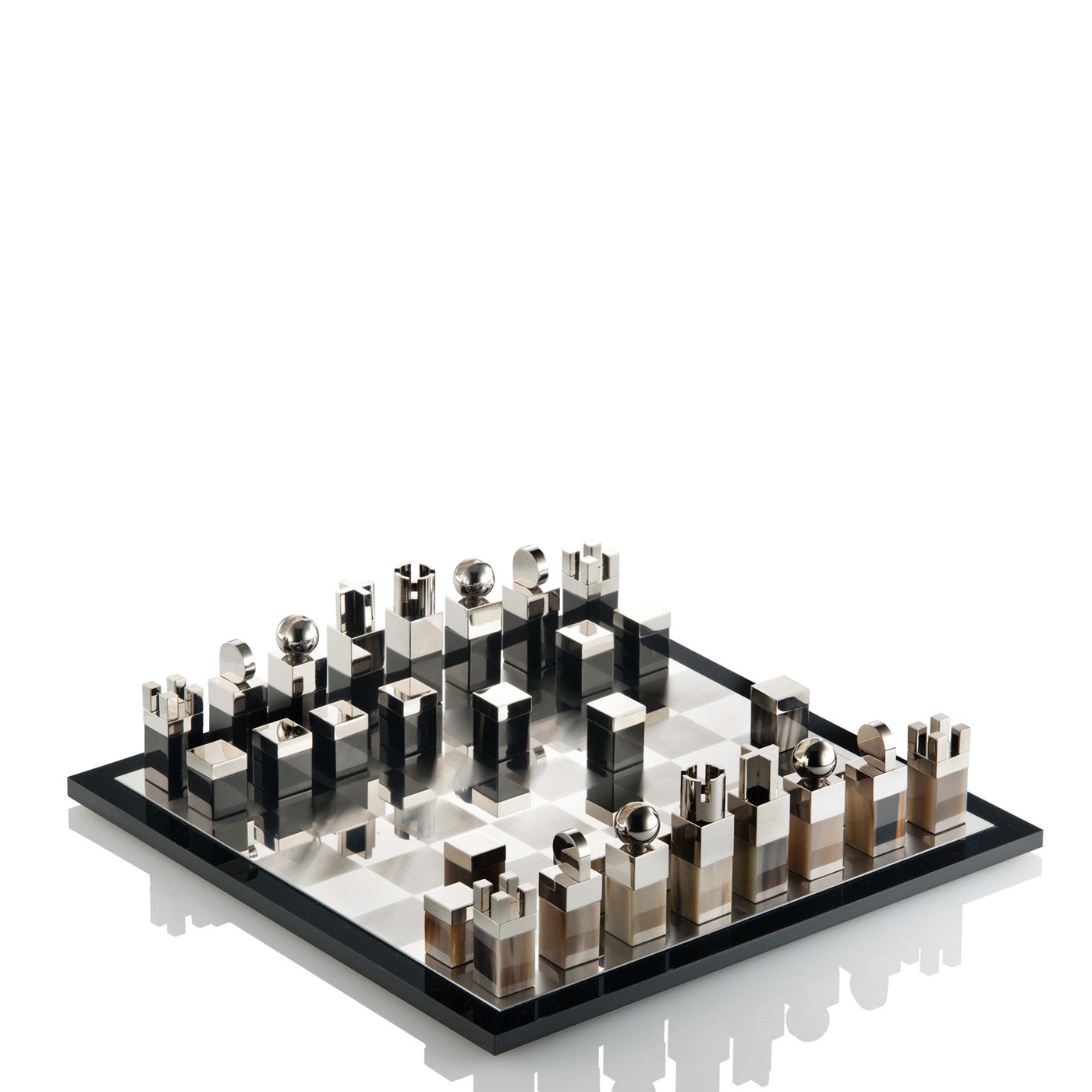 Arcahorn Nelson Lacquered Black Gloss Finish Wood and Mirrored Glass Chessboard with Horn and Palladium Plated Brass Chessmen | Exquisite Craftsmanship and Elegant Design | Perfect for Discerning Chess Enthusiasts | Explore a Range of Luxury Board Games at 2Jour Concierge, #1 luxury high-end gift & lifestyle shop