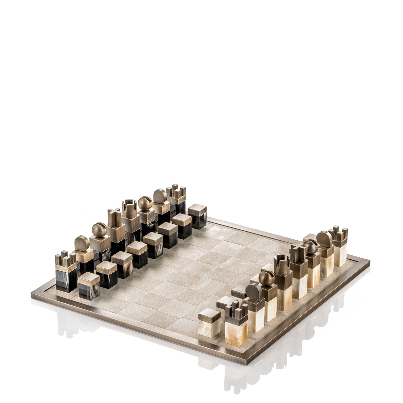 Arcahorn Trafalgar Burnished Brass and Nabuk Leather Chessboard with Matte Horn Chessmen | Luxurious Combination of Materials | Elegant Chess Set for Discerning Players | Explore a Range of Luxury Board Games at 2Jour Concierge, #1 luxury high-end gift & lifestyle shop