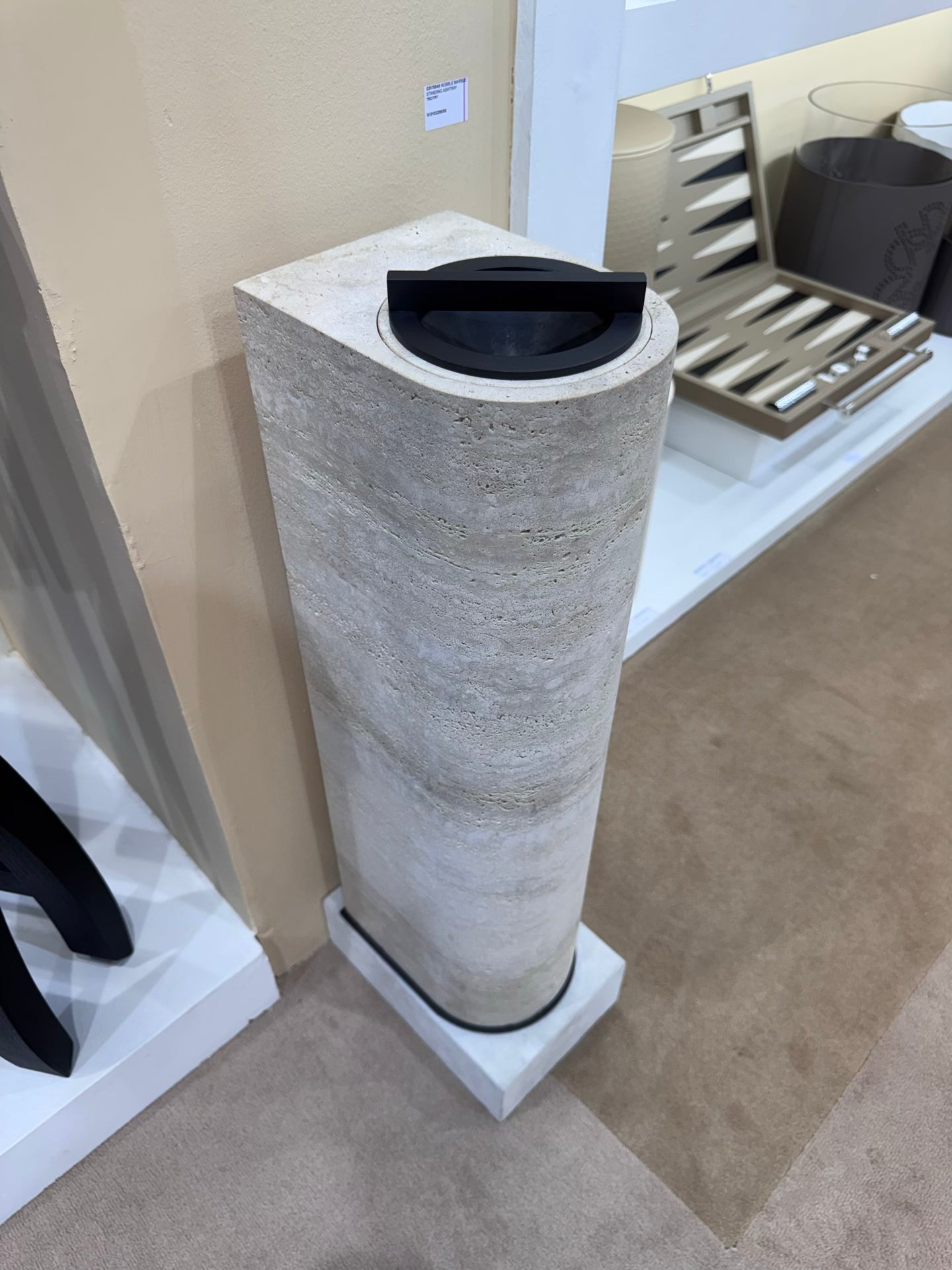 Giobagnara × Glenn Sestig | Nobble Marble Standing Ashtray: Travertine marble ashtray with brushed bronze details and removable container | Smoking / Standing Ashtrays | 2Jour Concierge, your luxury lifestyle shop | refined cigar lounges, contemporary interiors, and elegant outdoor settings