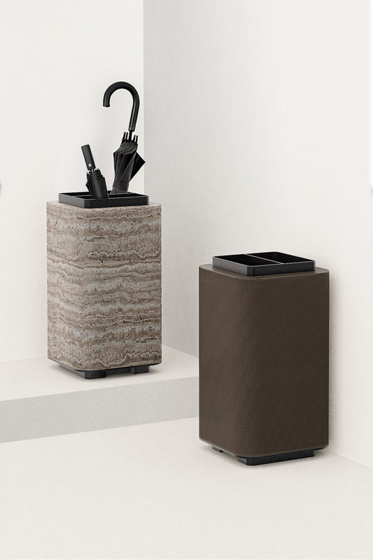 Giobagnara Lloyd | Umbrella Stand: Leather with brushed bronze structure and removable base, smooth finish | Storage / Umbrella Stands | 2Jour Concierge, your luxury lifestyle shop | luxury interiors, hospitality décor, elegant living, designer home accessories, boutique hotels, refined lifestyle, yacht décor, office décor, executive interiors
