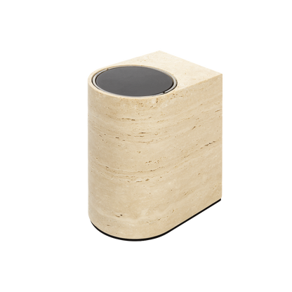 Giobagnara Noble | Bin: Travertine marble with brushed bronze detailing, removable plastic insert, smooth finish | Bathroom / Bins | 2Jour Concierge, your luxury lifestyle shop | luxury interiors, hospitality décor, elegant living, designer home accessories, boutique hotels, refined lifestyle, yacht décor, office décor, executive interiors